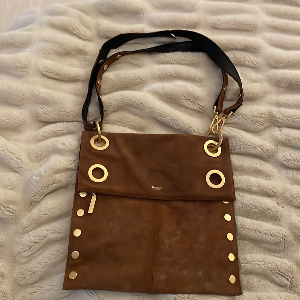 Hammett brown distressed suede, black leather purse with adjustable strap.